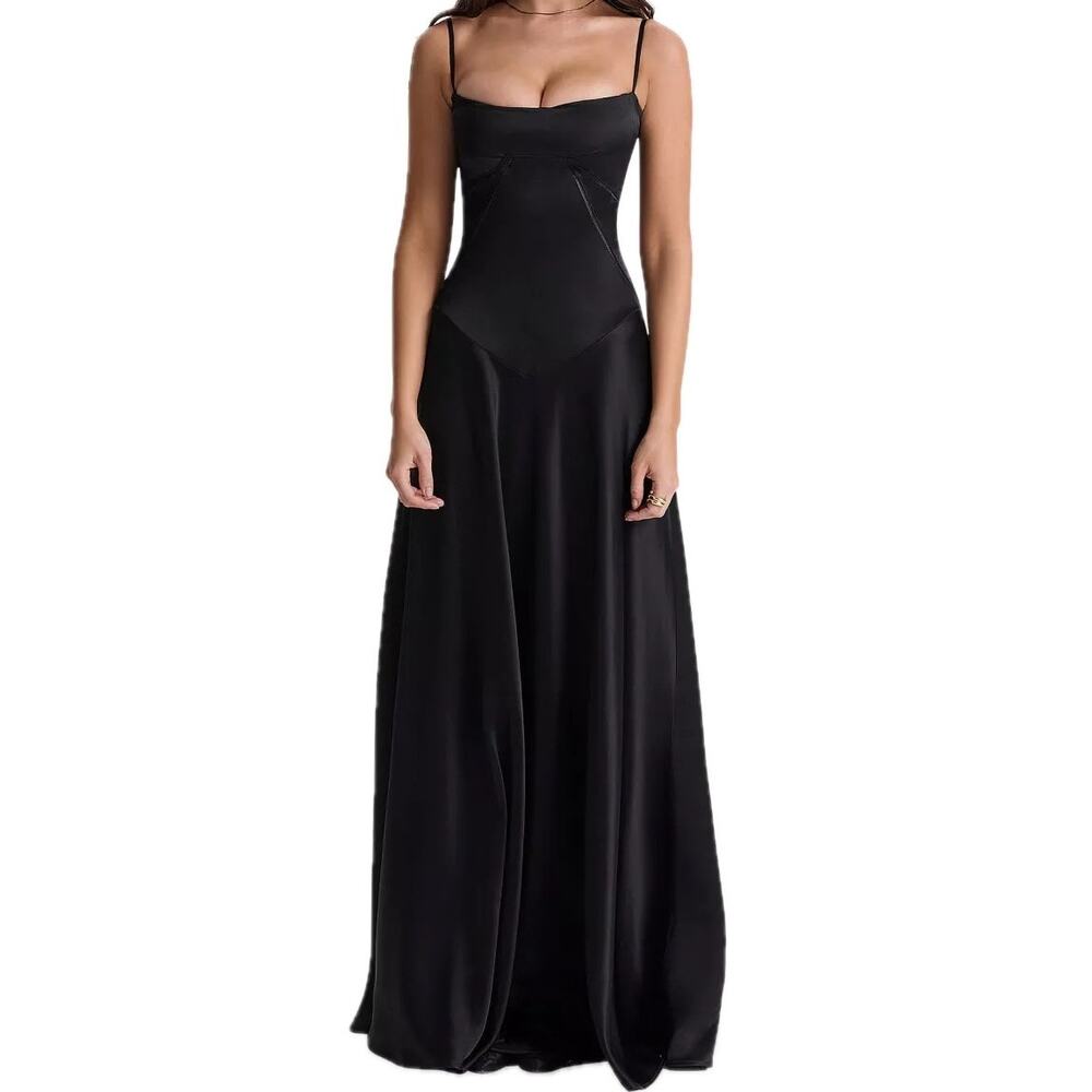 House of CB Black Anabella Fitted Bodice Lace Up Satin Floor Length Maxi Dress